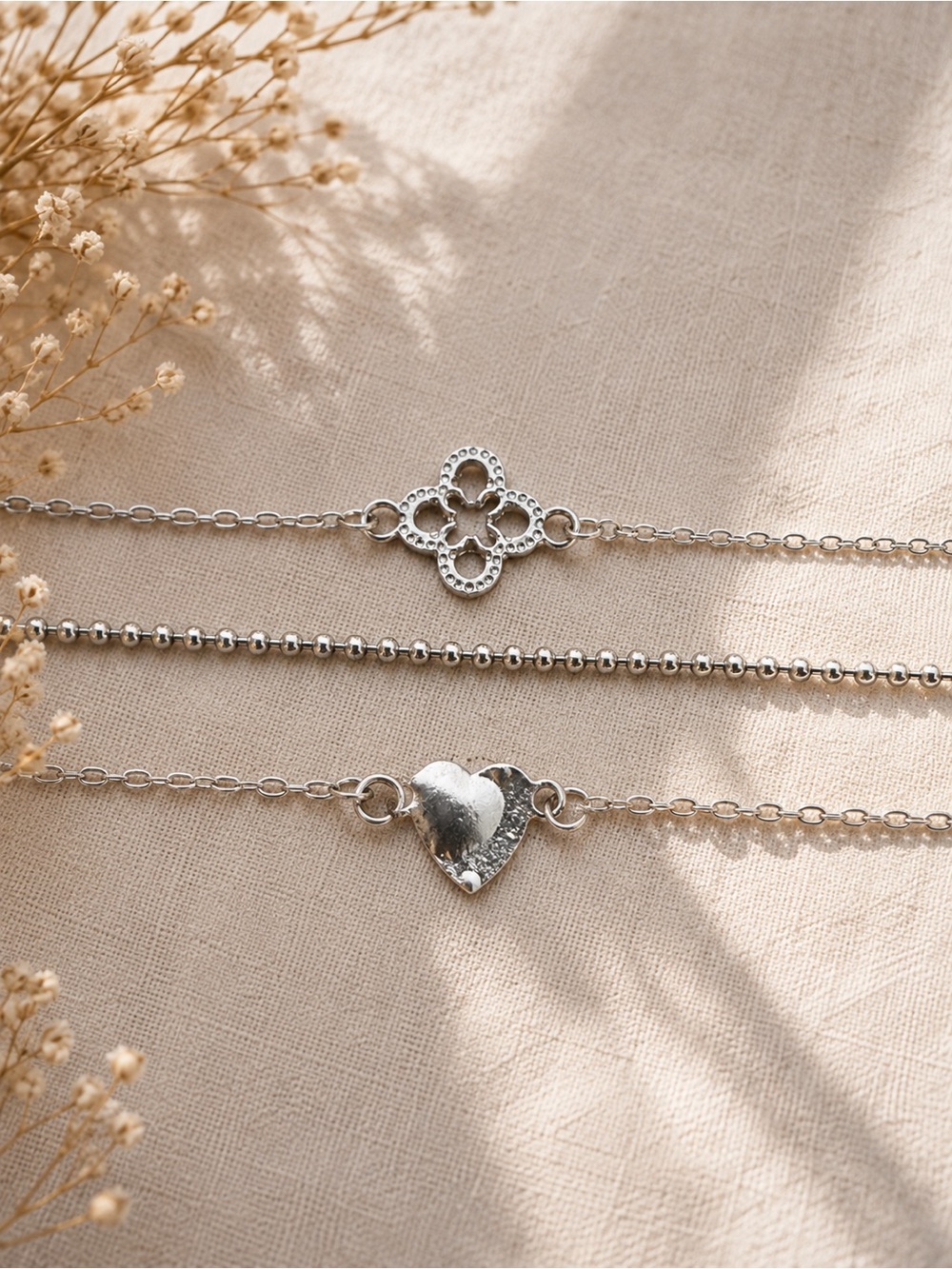 Layered Silver Heart & Clover Bracelet Set - Women's Jewelry